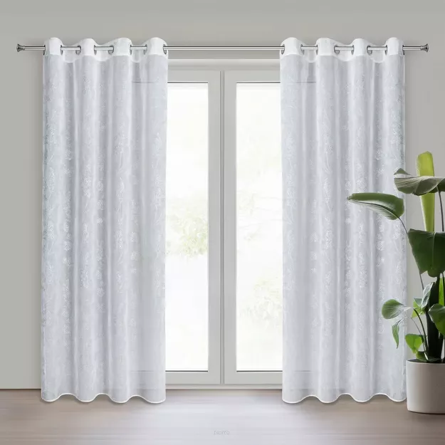 Firana na przelotkach 140x250 JUNI biała z etaminy zdobiona błyszczącym nadrukiem roślinnym