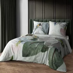 Pościel z makosatyny 220x200 ALICE Eva Minge biała zielona wzór kwiatowy Premium