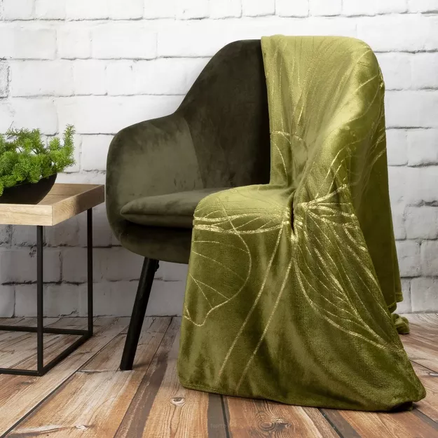 Koc 150x200 LOTOS 8 oliwkowy ze złotym nadrukiem kwiatu lotosu