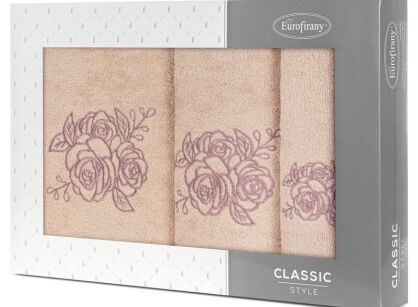 Komplet ręczników 3 szt. ROSALIA pudrowe z haftowanym liliowym wzorem różyczek w kartonowym pudełku
