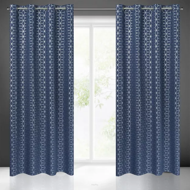 Zasłona na przelotkach 140x250 CUBE granatowa z geometrycznym srebrnym nadrukiem