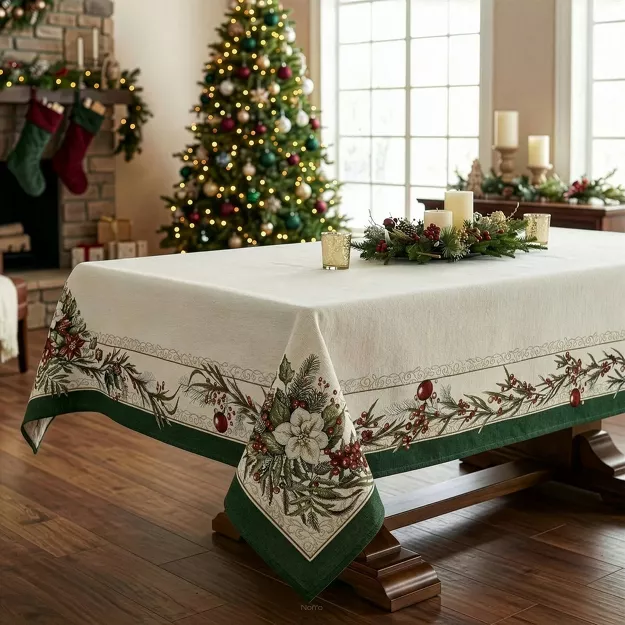Obrus świąteczny 140x180 4115 gobelinowy z szenili naturalny zielony z gwiazdą betlejemską