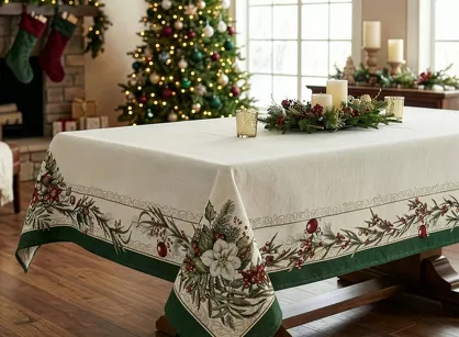 Obrus świąteczny 140x180 4115 gobelinowy z szenili naturalny zielony z gwiazdą betlejemską