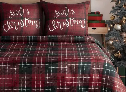 Pościel świąteczna 220x200 NOELLIE bordowo ciemno zielona wzór kraty z bawełny renforce