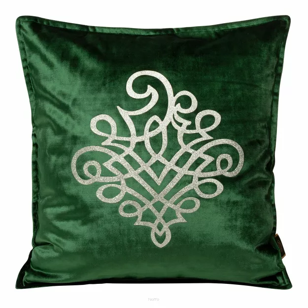 Poszewka welwetowa 45x45 ROYAL 3 ciemna zieleń ze srebrnym ornamentem