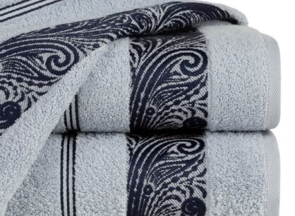 Ręcznik bawełniany 70x140 SYLWIA 1 niebieski z bordiurą żakardową w ornamentowy wzór