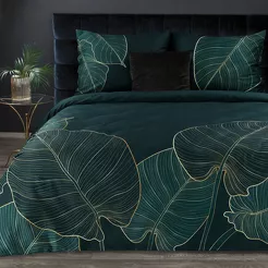 Pościel z makosatyny 160x200 PREMIUM 5 ciemna zieleń z wzorem liści lilii wodnej z kolekcji Premium