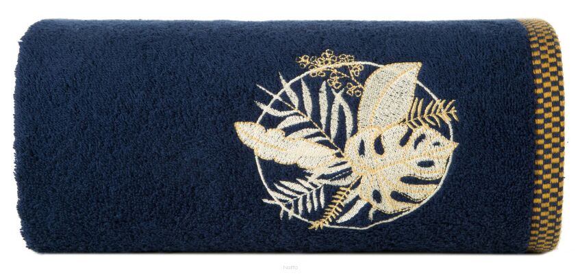 Ręcznik bawełniany 70x140 PALMS granatowy z wyhaftowanym złotym wzorem egzotycznych liści