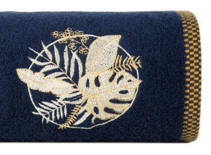 Ręcznik bawełniany 70x140 PALMS granatowy z wyhaftowanym złotym wzorem egzotycznych liści