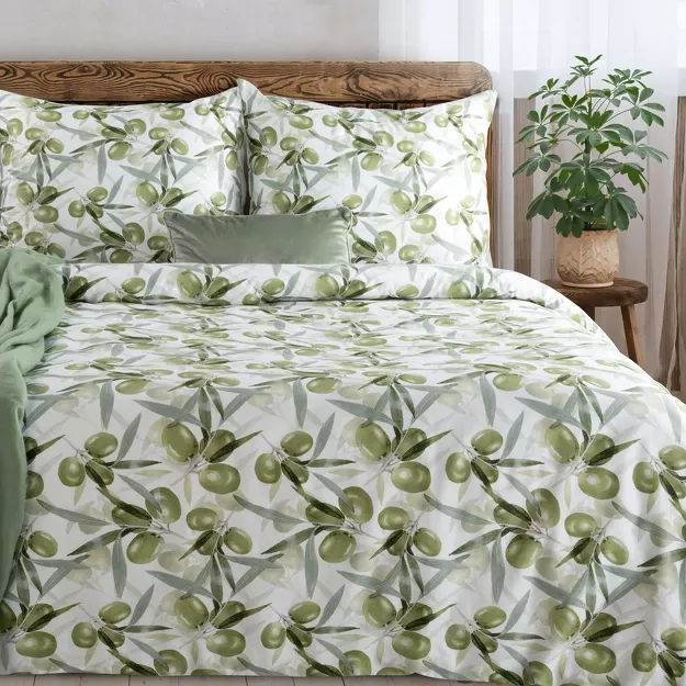 Pościel satynowa 160x200 SPRING 84 biała zielona z wzorem roślinnym z kolekcji Classic