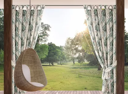 Zasłona na taras 155x260 GARDEN 7 beżowa na szelkach zapinanymi na rzepy wodoodporna z motywem liści monstery