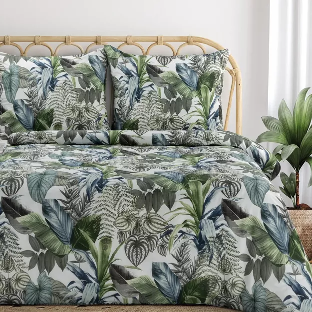 Pościel bawełniana 140x200 DAVOS 2B biała z wzorem egzotycznych zielonych liści