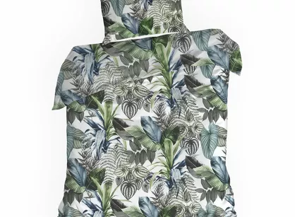 Pościel bawełniana 140x200 DAVOS 2B biała z wzorem egzotycznych zielonych liści