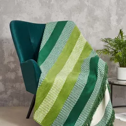 Koc bawełniany 150x200 2144-1 zielony pasy w zygzaki z frędzlami