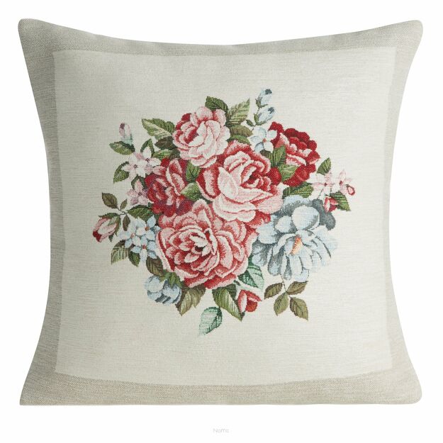 Poszewka gobelinowa 45x45 4038 naturalna z nicią szenilową ozdobiona wzorem kwiatów piwonii