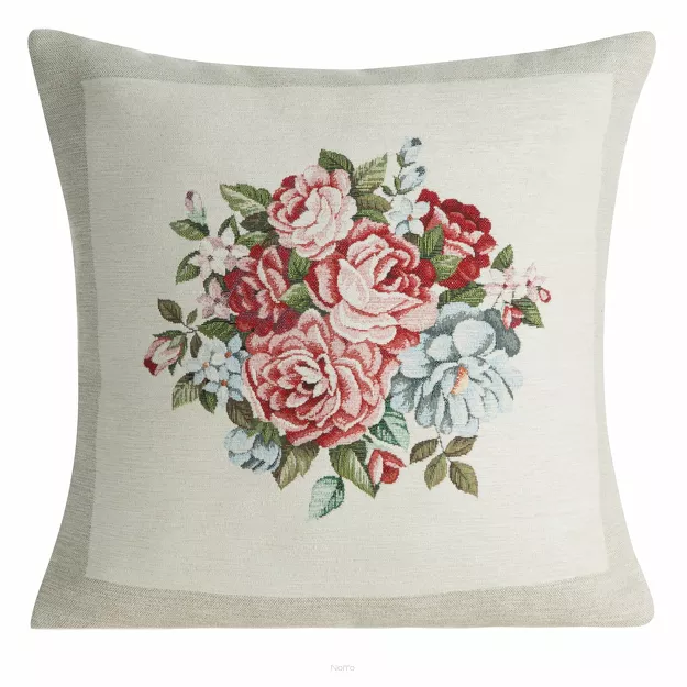 Poszewka gobelinowa 45x45 4038 naturalna z nicią szenilową ozdobiona wzorem kwiatów piwonii
