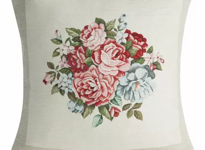 Poszewka gobelinowa 45x45 4038 naturalna z nicią szenilową ozdobiona wzorem kwiatów piwonii