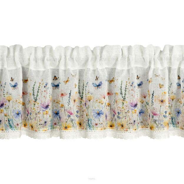 Zazdrostka w tunelu 150x30 ROZALIE biała z etaminy zdobiona koronką z nadrukiem wiosennych kwiatów