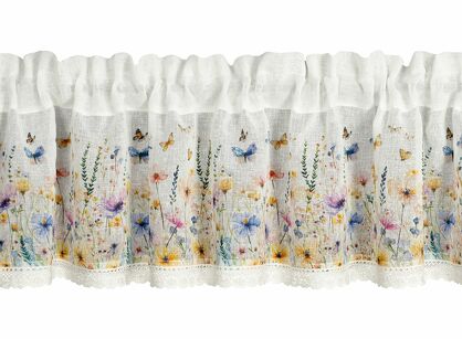 Zazdrostka w tunelu 150x30 ROZALIE biała z etaminy zdobiona koronką z nadrukiem wiosennych kwiatów