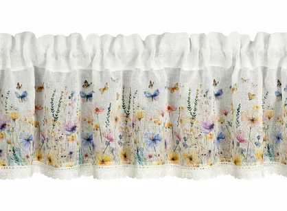 Zazdrostka w tunelu 150x30 ROZALIE biała z etaminy zdobiona koronką z nadrukiem wiosennych kwiatów