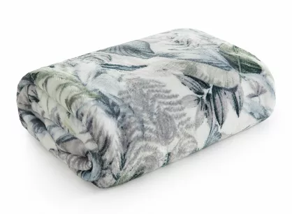 Koc typu flano 150x200 DAVOS 2 biały z nadrukiem zielonych egzotycznych liści