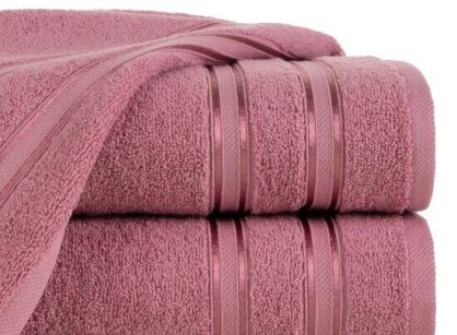 Ręcznik bawełniany 50x90 MANOLA pudrowy z żakardową połyskującą bordiurą w paski