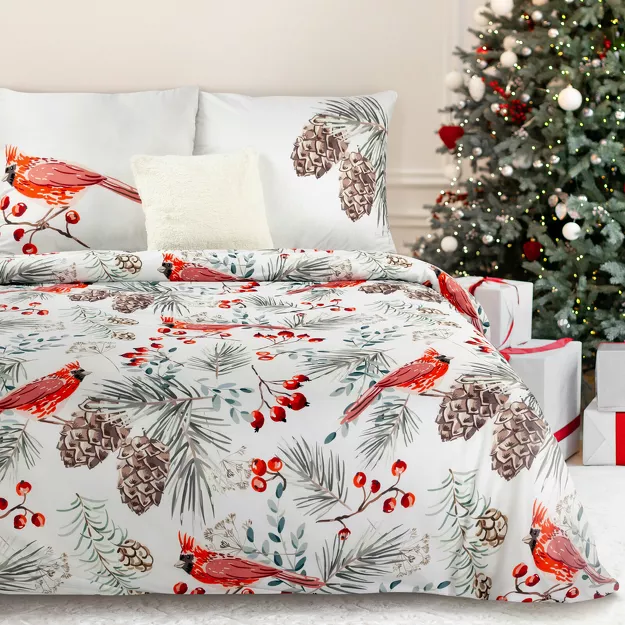 Pościel świąteczna 220x200 WILLOW biała czerwone ptaszki z mikrowłókna