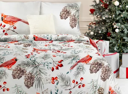 Pościel świąteczna 220x200 WILLOW biała czerwone ptaszki z mikrowłókna