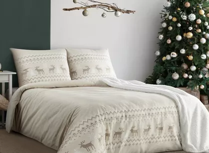 Pościel świąteczna 220x200 LUKE beżowo biała wzór skandynawski z bawełny renforce