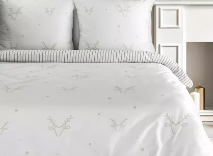 Pościel świąteczna 140x200 BOSQUE biała beżowa renifery z satyny bawełnianej