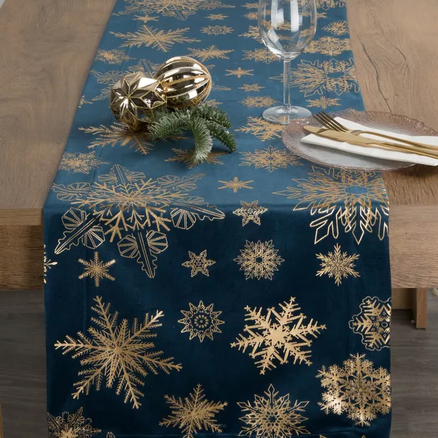 Bieżnik świąteczny 40x140 JOY welwetowy granatowy w śnieżynki