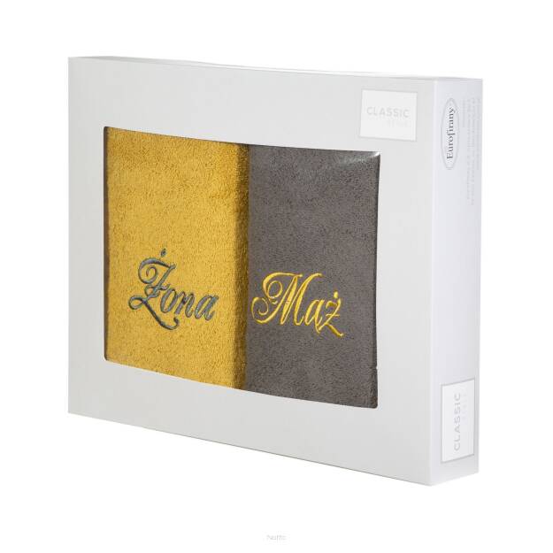 Komplet ręczników 2x70x140 MĄŻ ŻONA stalowe musztardowe haftowane w kartonowym pudełku