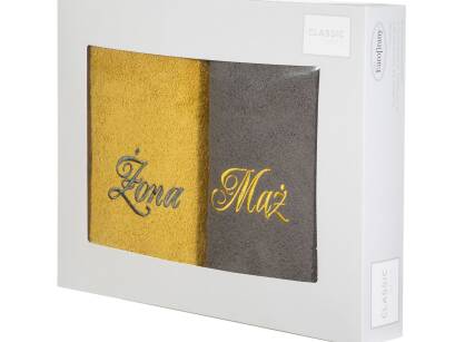 Komplet ręczników 2x70x140 MĄŻ ŻONA stalowe musztardowe haftowane w kartonowym pudełku