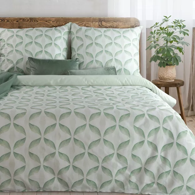 Pościel satynowa 140x200 SPRING 101 biała miętowa z motywem geometrycznym z kolekcji Classic