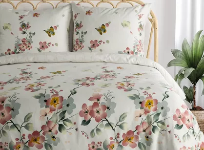 Pościel satynowa 220x200 ELLA 17 biała z różowym wzorem kwiatowym z kolekcji Ella Line