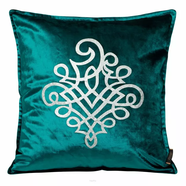 Poszewka welwetowa 45x45 ROYAL 3 ciemny turkus ze srebrnym ornamentem