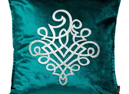 Poszewka welwetowa 45x45 ROYAL 3 ciemny turkus ze srebrnym ornamentem