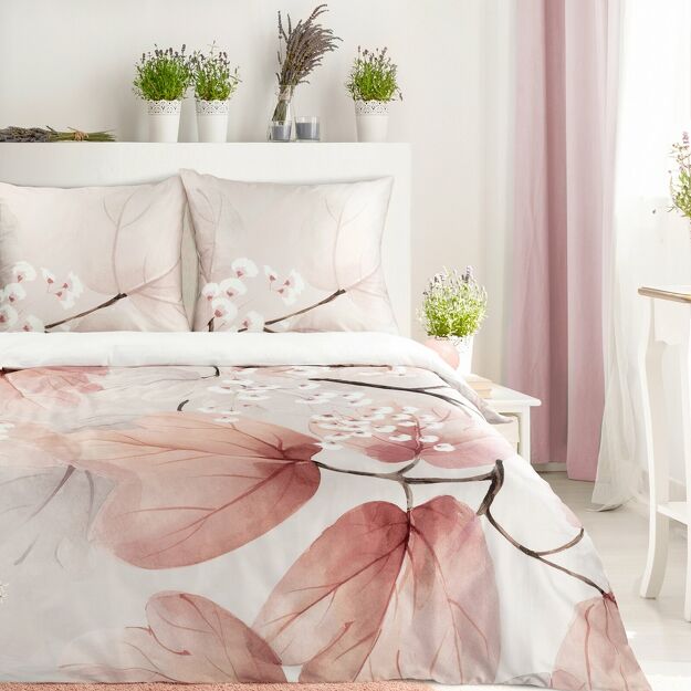Pościel z makosatyny 220x200 FLORES biała pudrowy róż wzór roślinny z kolekcji Premium