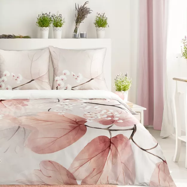 Pościel z makosatyny 220x200 FLORES biała pudrowy róż wzór roślinny z kolekcji Premium
