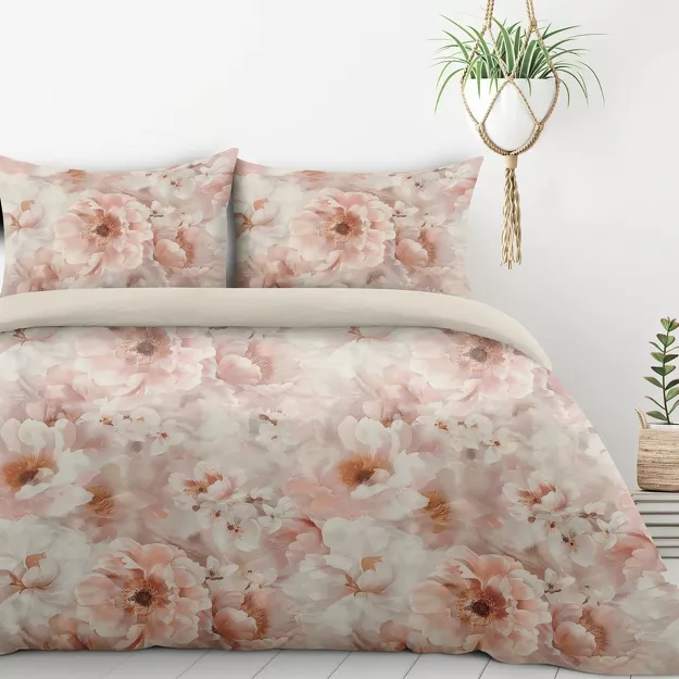 Pościel z mikrowłókna 160x200 FLORINA beżowa pudrowy róż nadruk kwiatowy Design 91