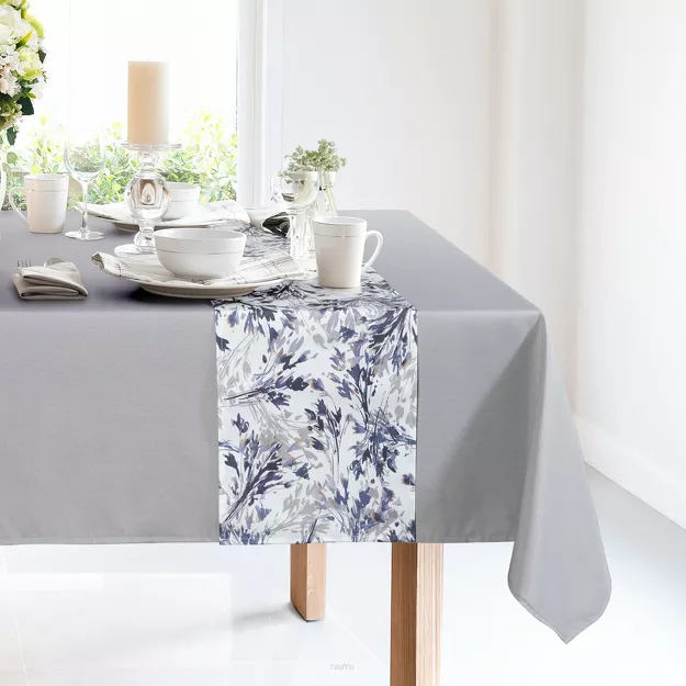 Obrus 140x300 z bieżnikiem 33x260 ANITA 3 jasny szary z kontrastowym wzorem botanicznym