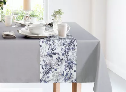 Obrus 140x300 z bieżnikiem 33x260 ANITA 3 jasny szary z kontrastowym wzorem botanicznym