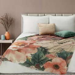 Koc 150x200 CHLOE pomarańczowy z wzorem wyrazistych kwiatów z kolekcji Premium