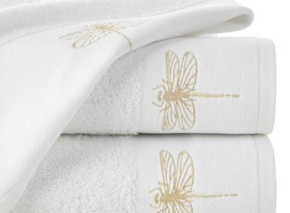 Ręcznik 50x90 LORI 1 biały z błyszczącym haftem w kształcie ważki na szenilowej bordiurze