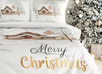 Pościel świąteczna 220x200 JOYFULL biała jasny brąz nadruk świąteczny z satyny bawełnianej