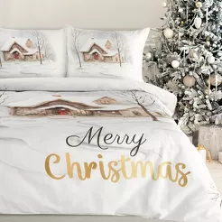 Pościel świąteczna 220x200 JOYFULL biała jasny brąz nadruk świąteczny z satyny bawełnianej