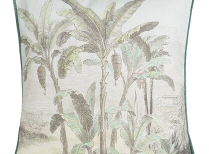 Poszewka bawełniana 45x45 COLONI naturalna zielona z wzorem palm z wypustką na brzegach