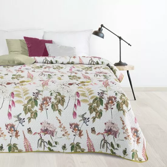 Narzuta pikowana 200x220 ROSA biała zielona z motywem kwiatów i liści Design 91
