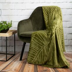 Koc 150x200 LUNA 3 oliwkowy tupu flano złoty wzór roślinny