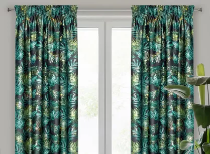 Zasłona na taśmie 140x270 DAVOS welwetowa czarna ze złotym nadrukiem egzotycznych liści